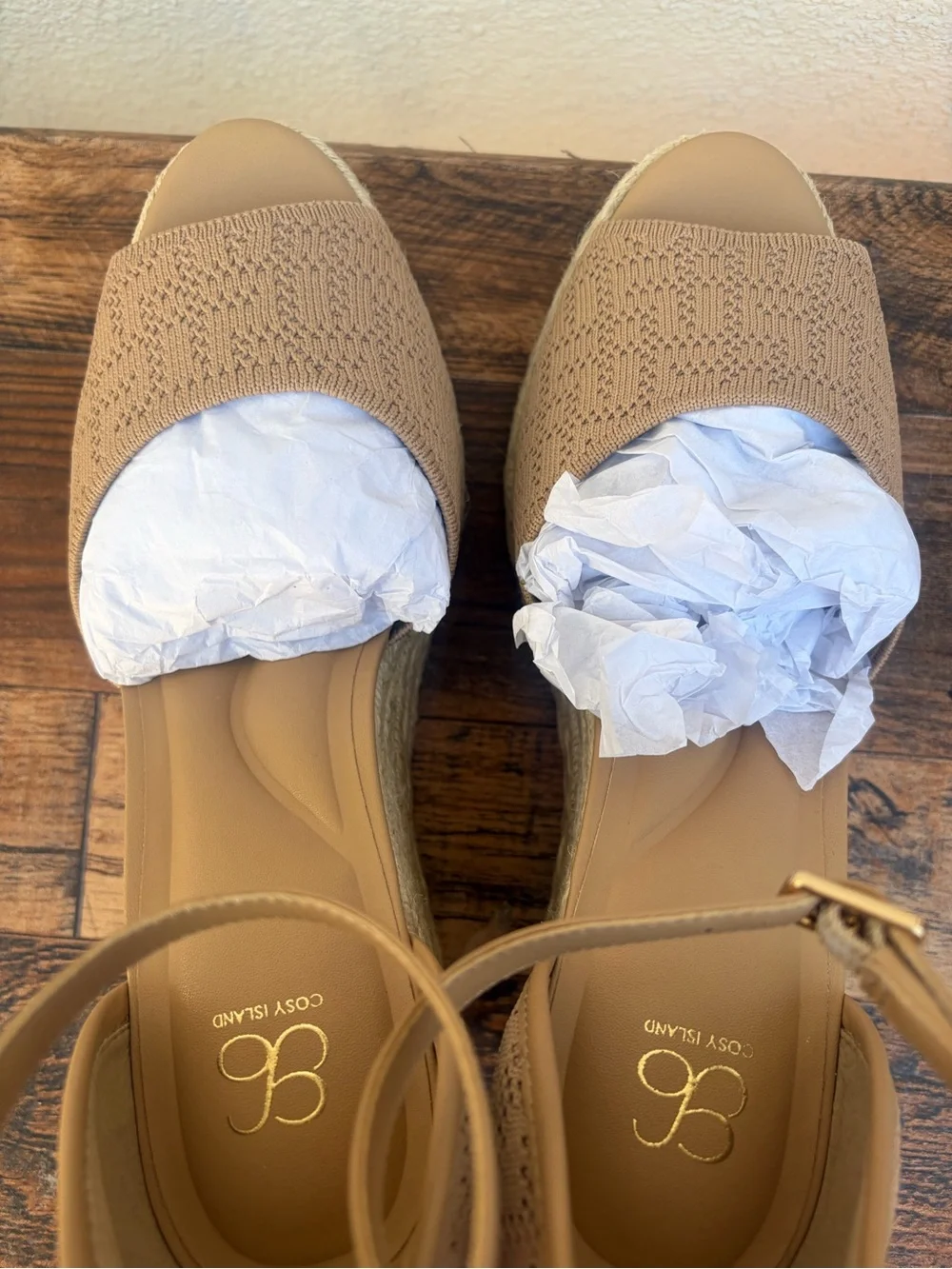 NWT and Box Womens Tan Espadrille Wedge Sandals with Ankle Strap